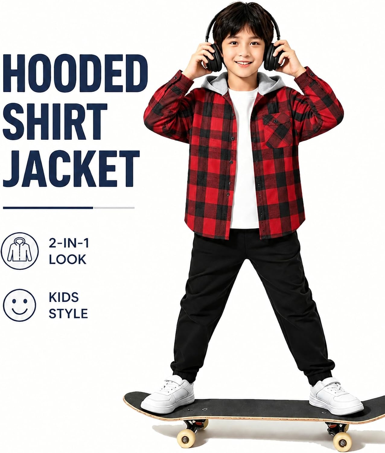 image:imageZITY Kids FleeceLined Hooded Flannel Shirt Jacket for 616 YearsRed Plaid