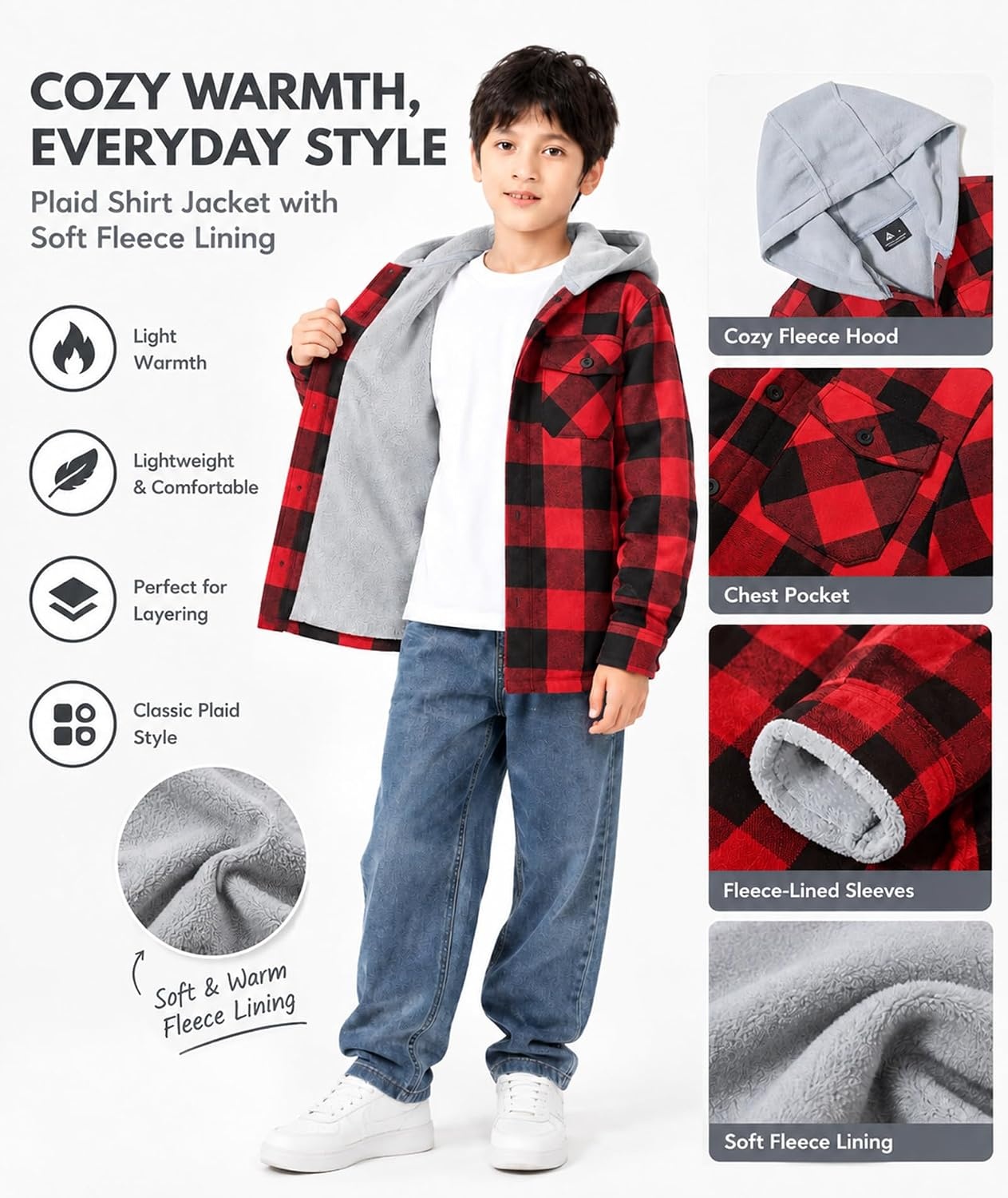 image:imageZITY Kids FleeceLined Hooded Flannel Shirt Jacket for 616 YearsRed Plaid