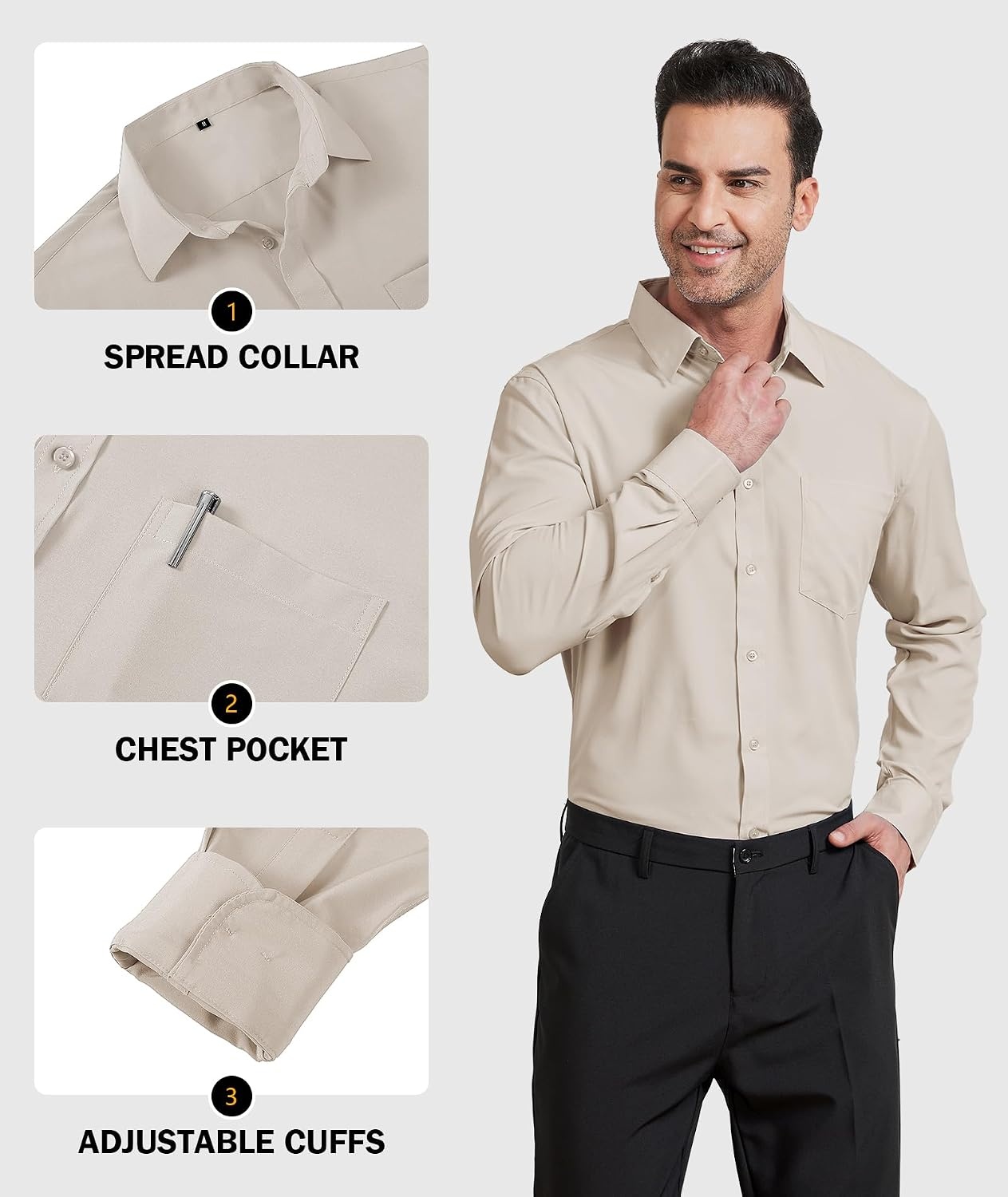 image:imageZITY Mens Dress Shirts Solid Long Sleeve Business Casual Button Down ShirtsLight Khakicyandark Green