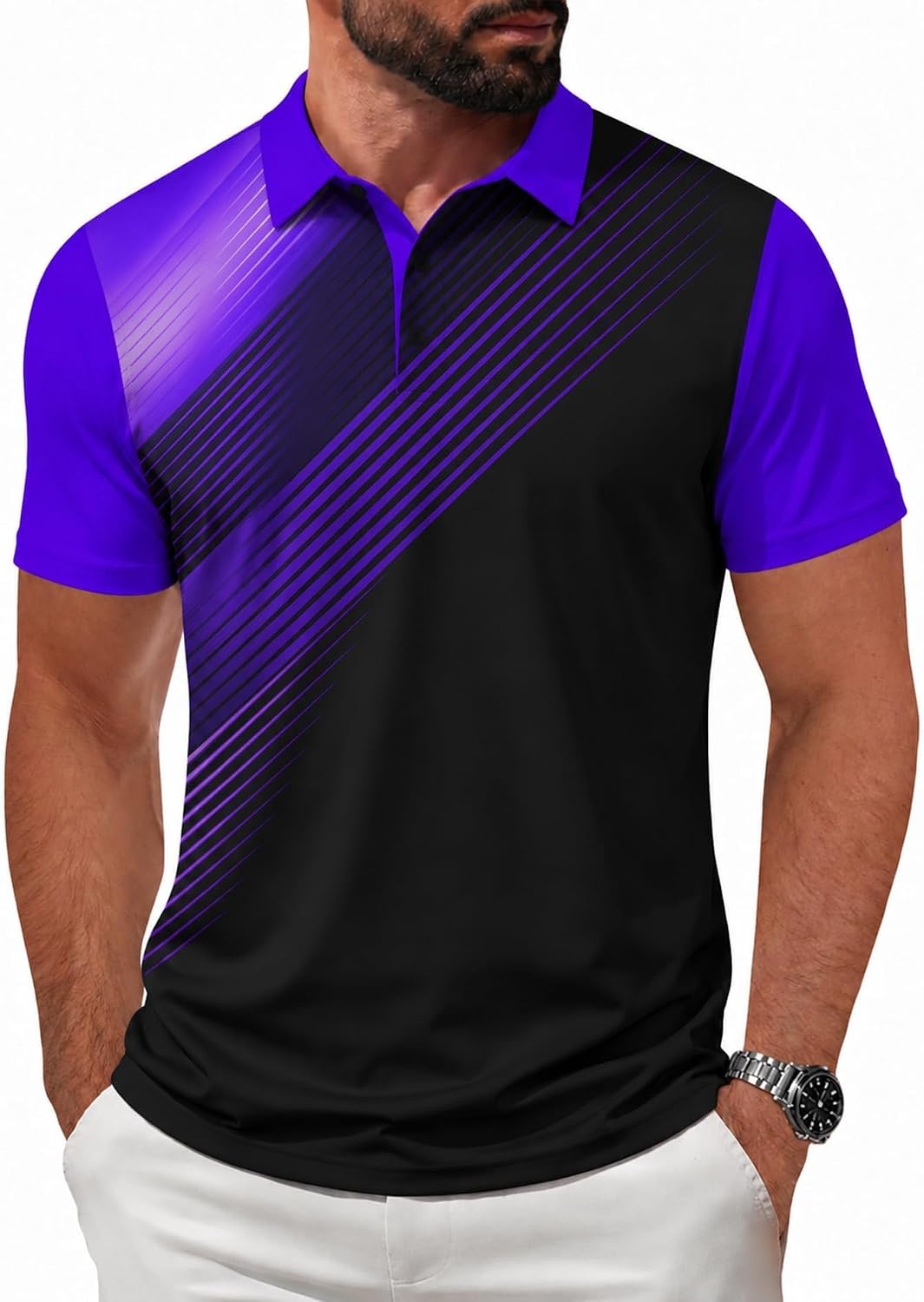 image:imageZITY Mens Golf Shirts Short Sleeve Print Patterns Casual Collared PoloViolet