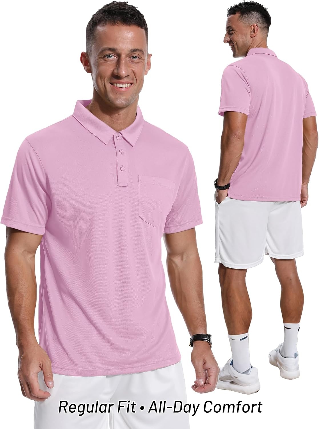 image:imageZITY Mens Polo Shirts with Pocket Short Sleeve MoistureWicking TshirtPink