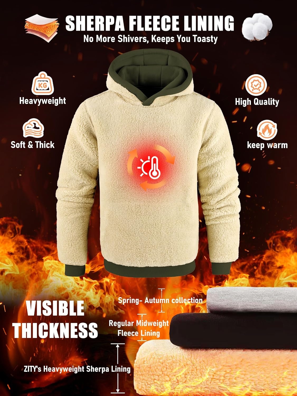 image:imageZITY Mens Sherpa Lined Hoodie Sweatshirts Heavy Winter Fleece PulloverArmy Green
