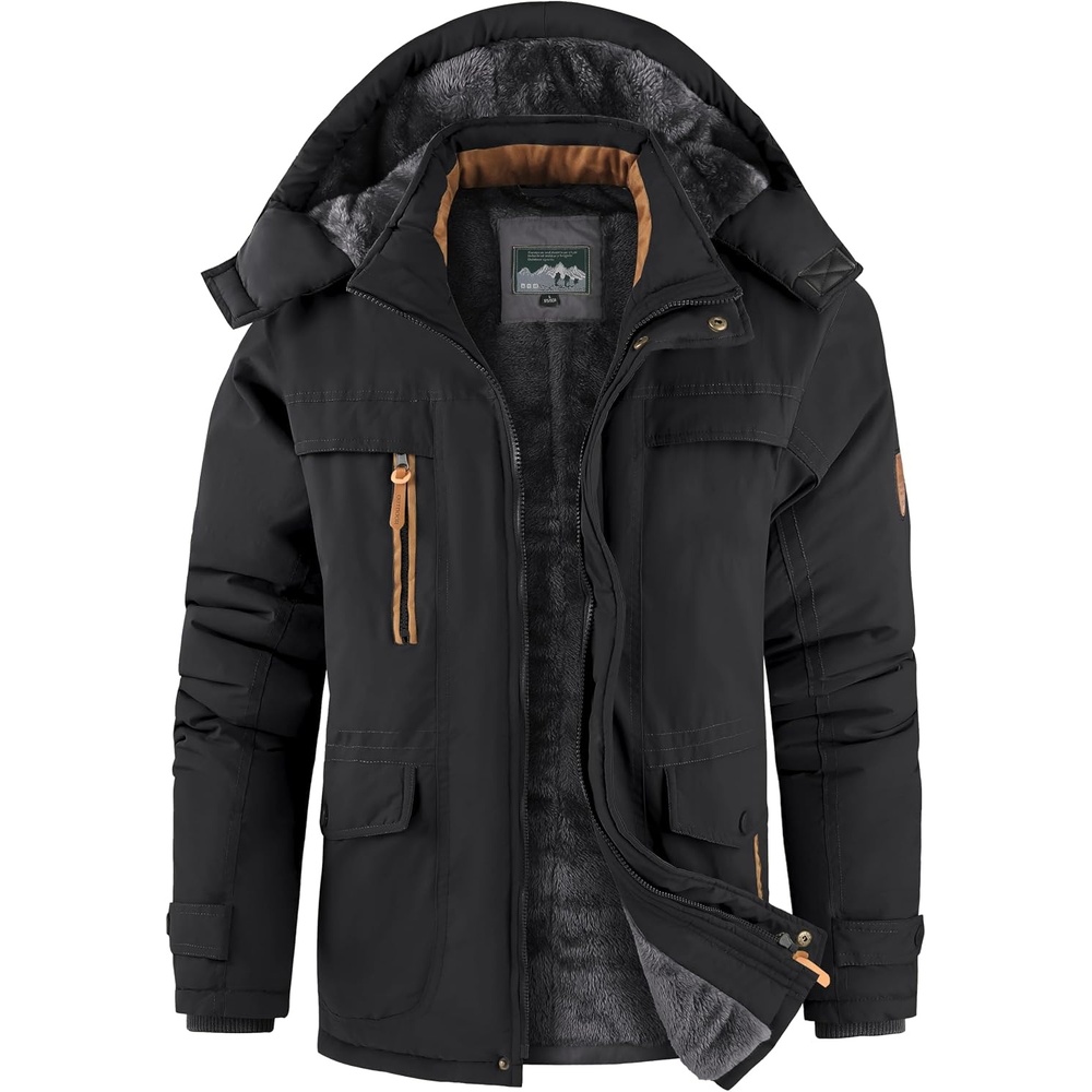 image:imageMens Winter Jacket Hooded Fleece Lined Windproof Parka Coats with PocketsBlack