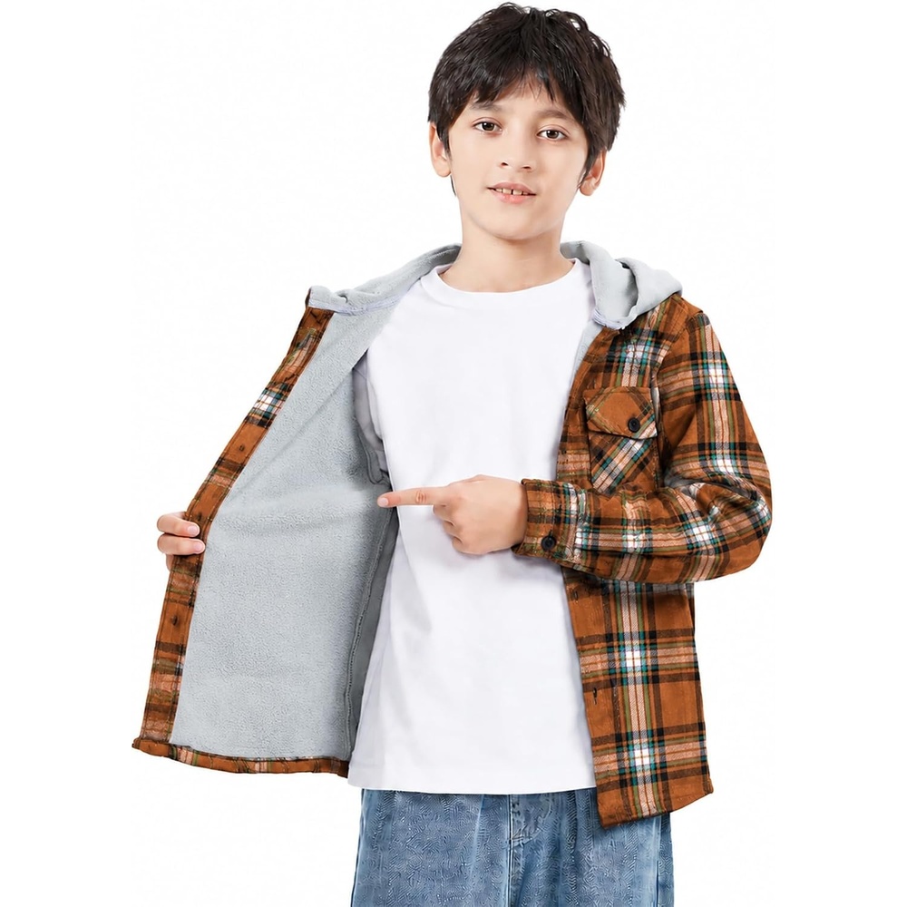 image:imageZITY Kids FleeceLined Hooded Flannel Shirt Jacket for 616 YearsBrown Black Plaid
