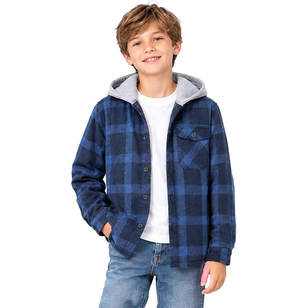 image:imageZITY Kids FleeceLined Hooded Flannel Shirt Jacket for 616 YearsDark Blue