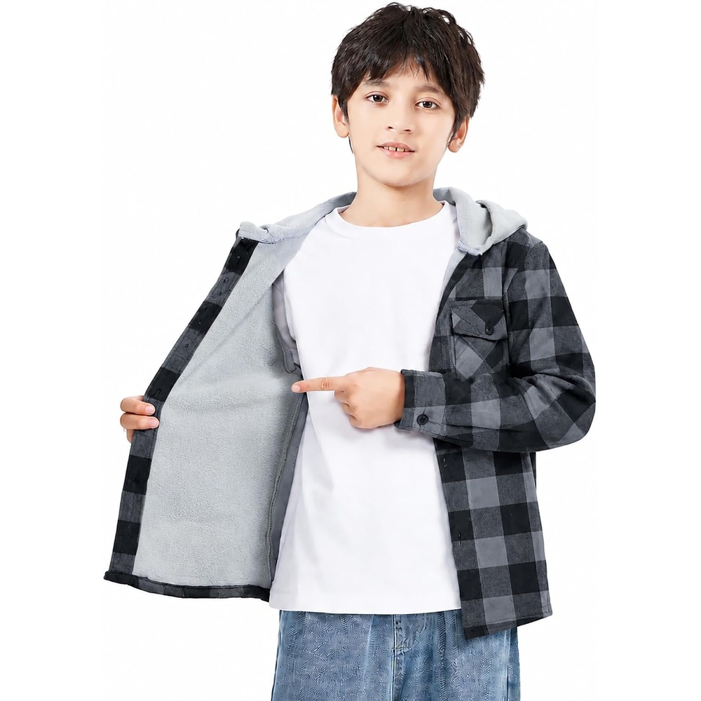 image:imageZITY Kids FleeceLined Hooded Flannel Shirt Jacket for 616 YearsDark Gray Plaid