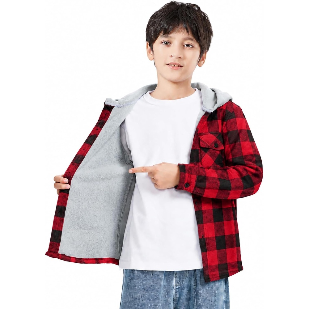image:imageZITY Kids FleeceLined Hooded Flannel Shirt Jacket for 616 YearsRed Plaid